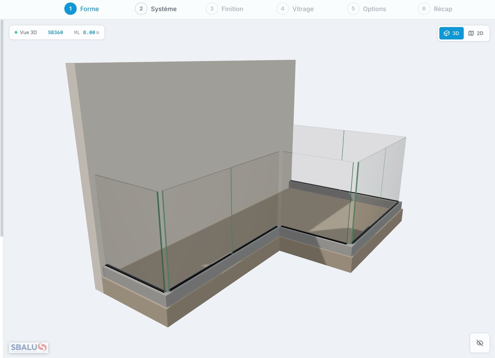 Configurateur 3D garde-corps SBalu — modélisation de balcon en verre et devis en ligne instantané