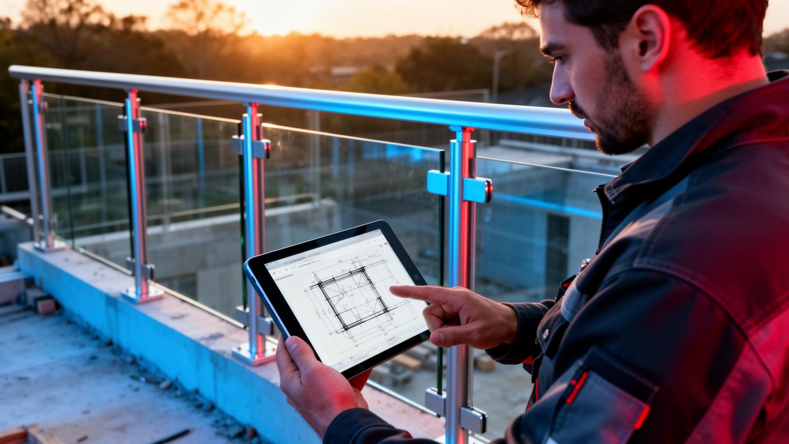 Compte pro garde-corps verre et aluminium SBalu — professionnel consultant un plan technique sur tablette