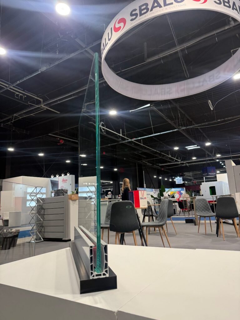 Coupe d’un profil SBalu avec verre feuilleté trempé, salon GlassTech Varsovie 2025